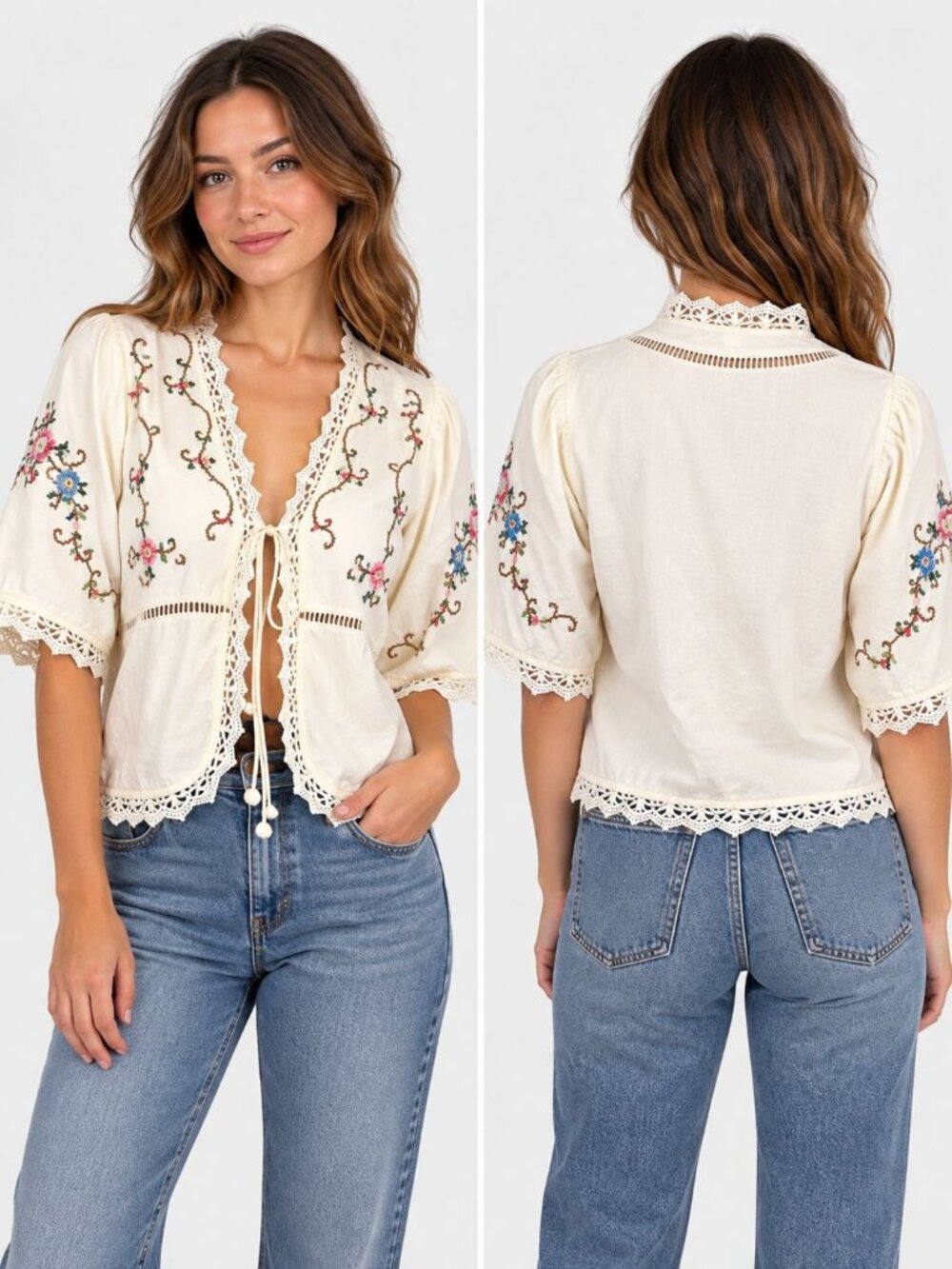 Jennifer & Grace Ivory Embroidered Lace Trim Cotton Cardigan Top Womens M Boho
